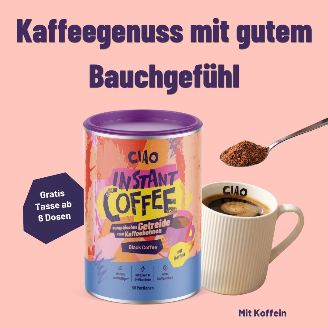Instantkaffee aus europäischem Getreide mit Koffein - magenschonender, mit Vitamin-B-Komplex + Eisen