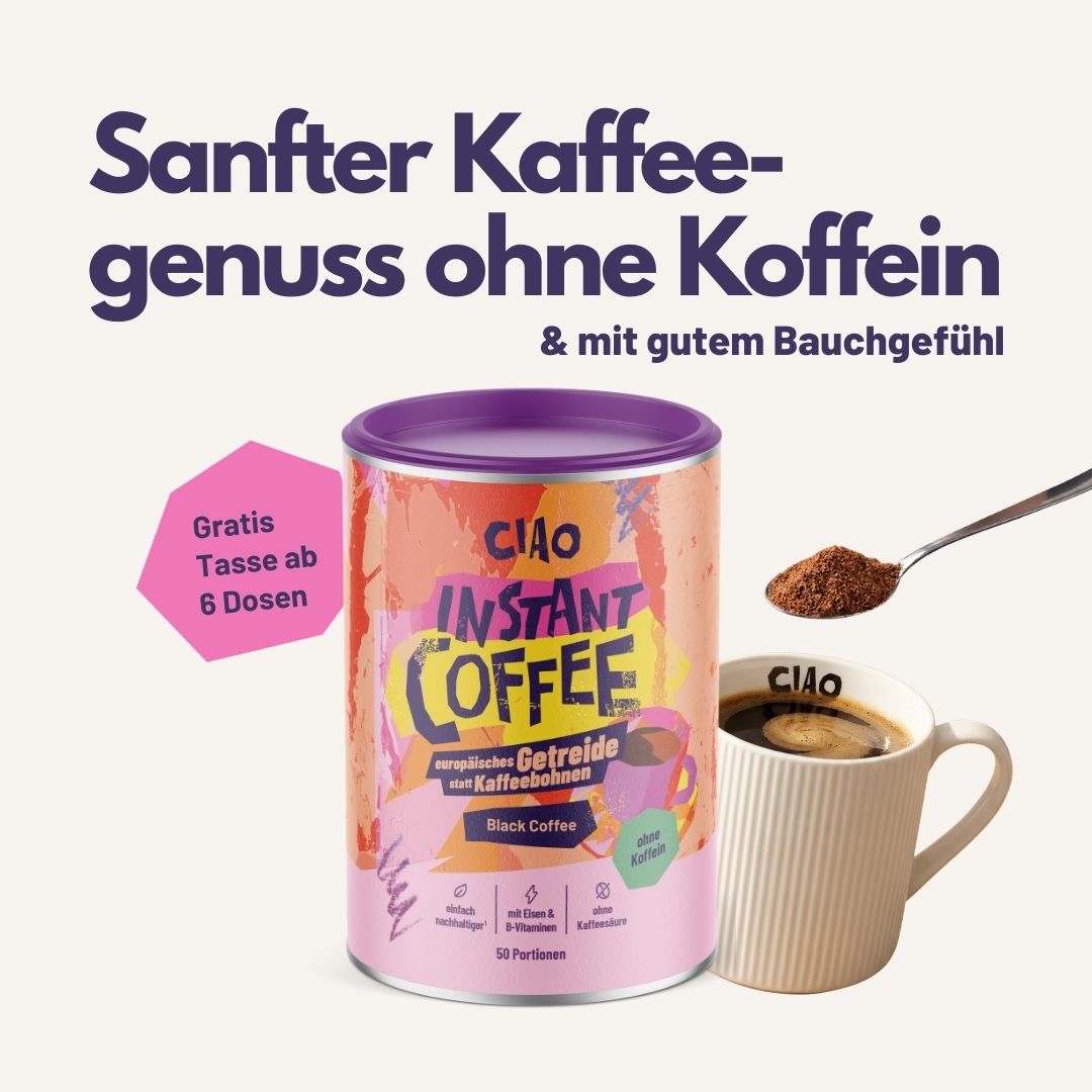 Instantkaffee aus europäischem Getreide (koffeinfrei) - magenschonender, mit Vitamin-B-Komplex + Eisen