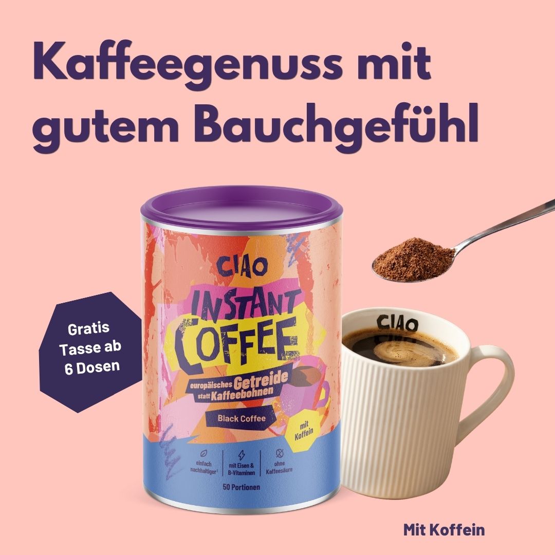 Instantkaffee aus europäischem Getreide mit Koffein - magenschonender, mit Vitamin-B-Komplex + Eisen