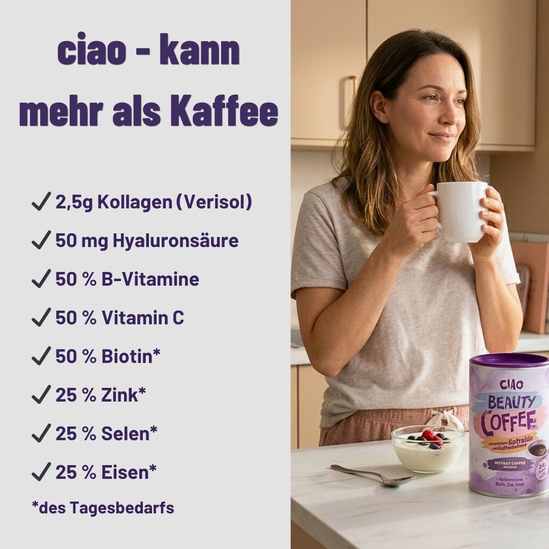 Beauty Instantkaffee mit Kollagen, Hyaluronsäure, Biotin, Zink & Selen