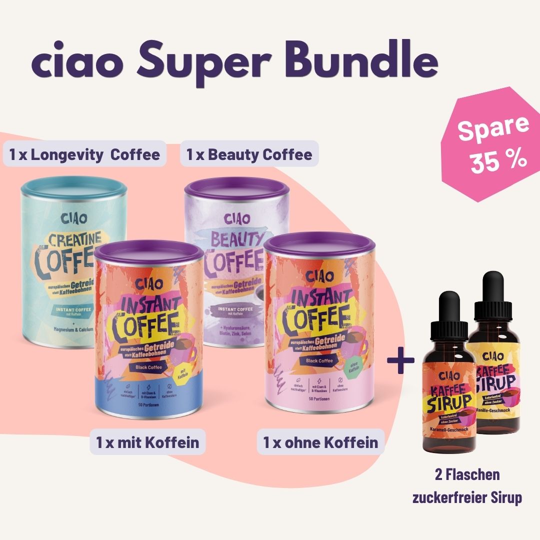 ciao Super Bundle - 4 x Instantkaffee auf Getreidebasis + 2 x zuckerfreier Sirup