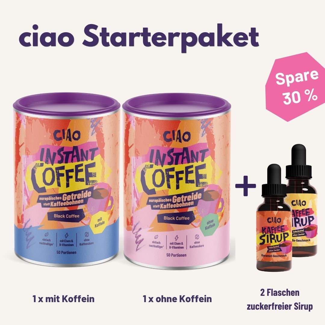 ciao Starterpaket Instantkaffee auf Getreidebasis mit & ohne Koffein - mit Eisen & B-Vitaminen