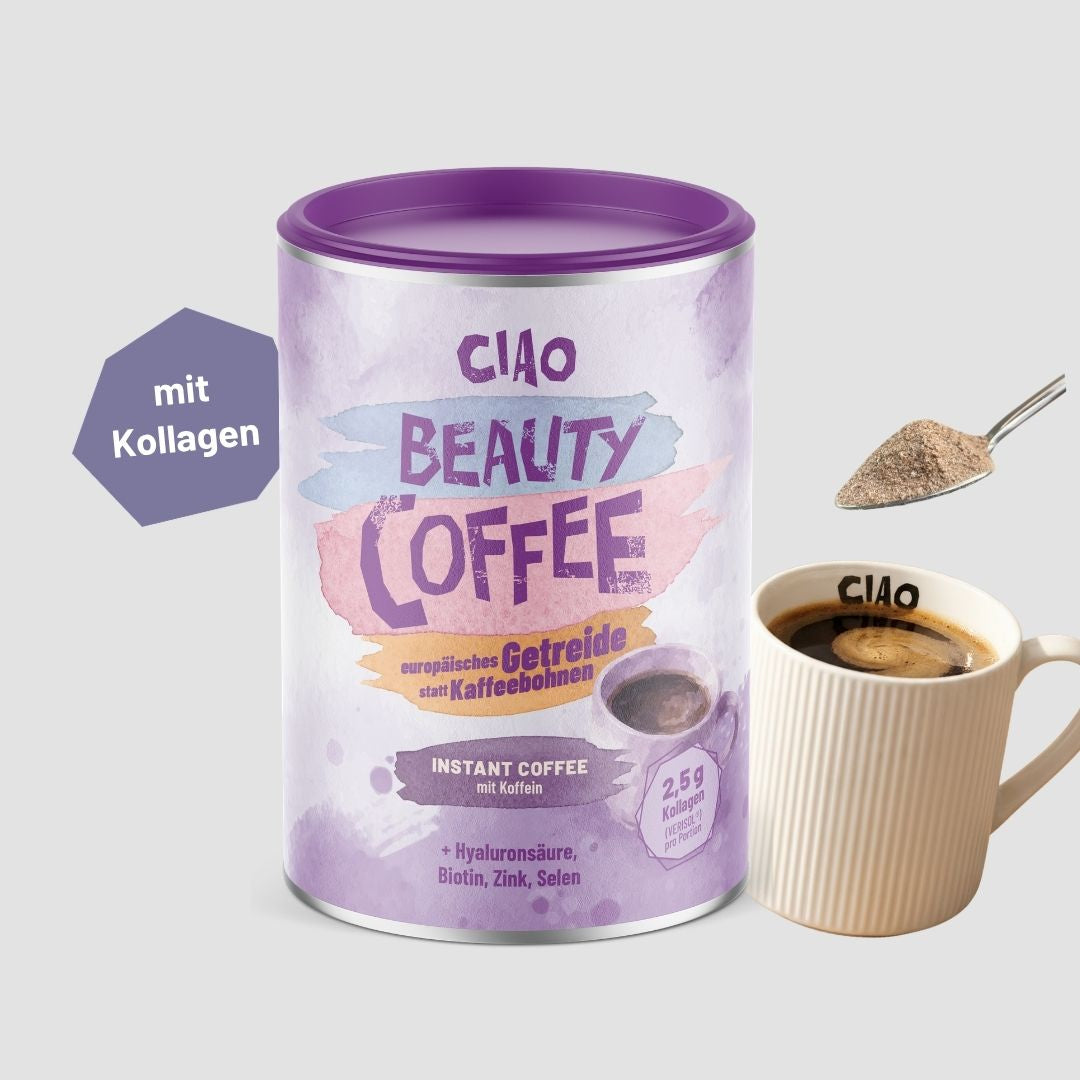 Instantkaffee auf Getreidebasis mit Kollagen, Hyaluronsäure und Biotin