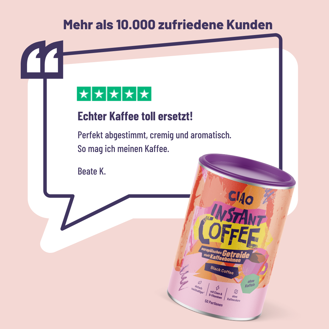 Instantkaffee aus europäischem Getreide (koffeinfrei) - magenschonender, mit Vitamin-B-Komplex + Eisen