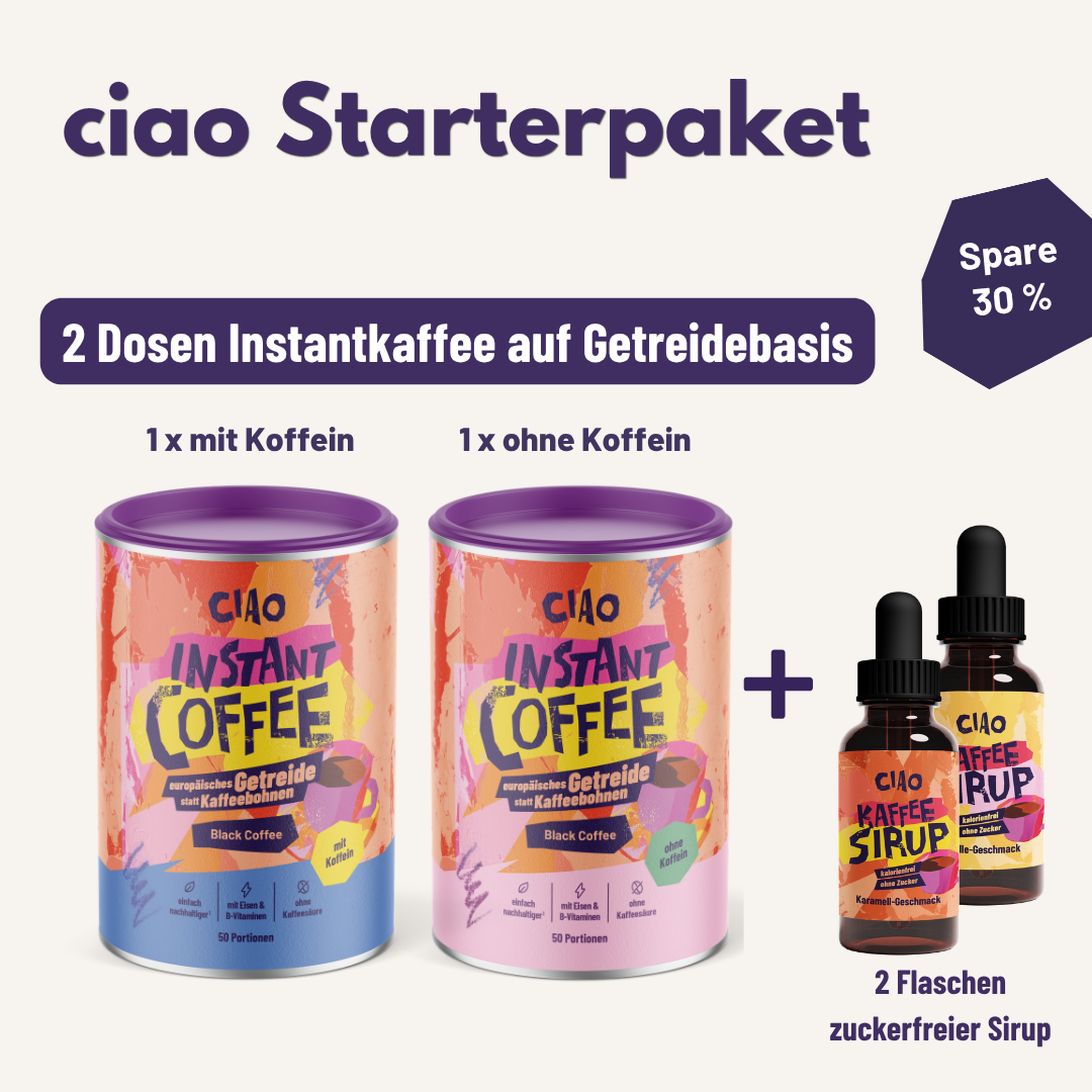 ciao Starterpaket Instantkaffee auf Getreidebasis mit & ohne Koffein - magenschonender, mit Vitamin-B-Komplex + Eisen