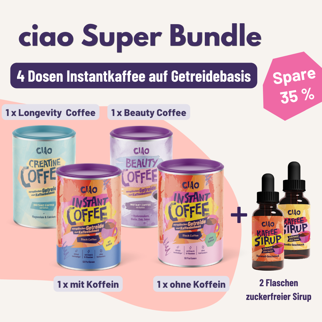 ciao Super Bundle - 4 x Instantkaffee auf Getreidebasis + 2 x zuckerfreier Sirup