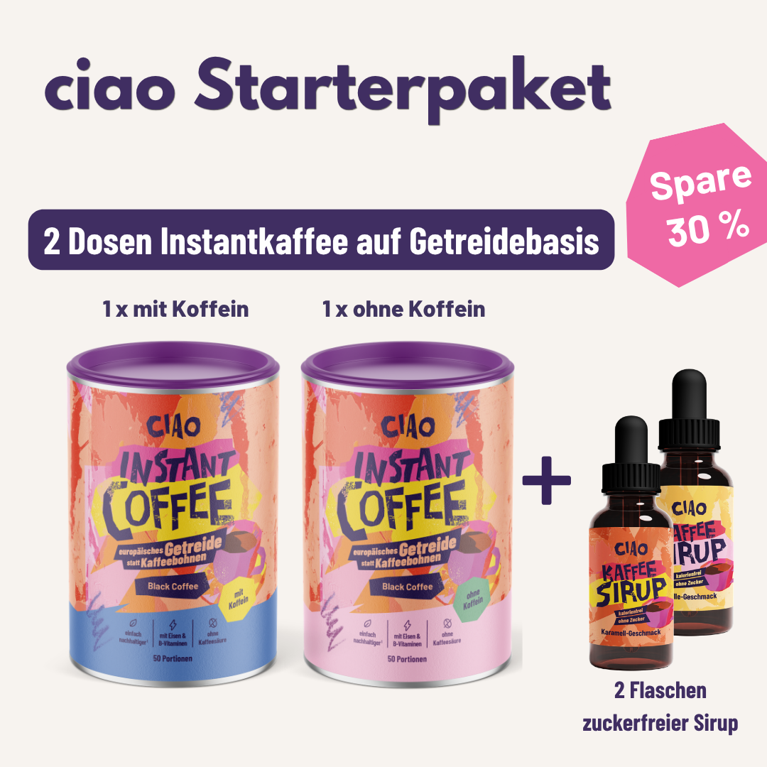 ciao Starterpaket Instantkaffee auf Getreidebasis mit & ohne Koffein - magenschonender, mit Vitamin-B-Komplex + Eisen