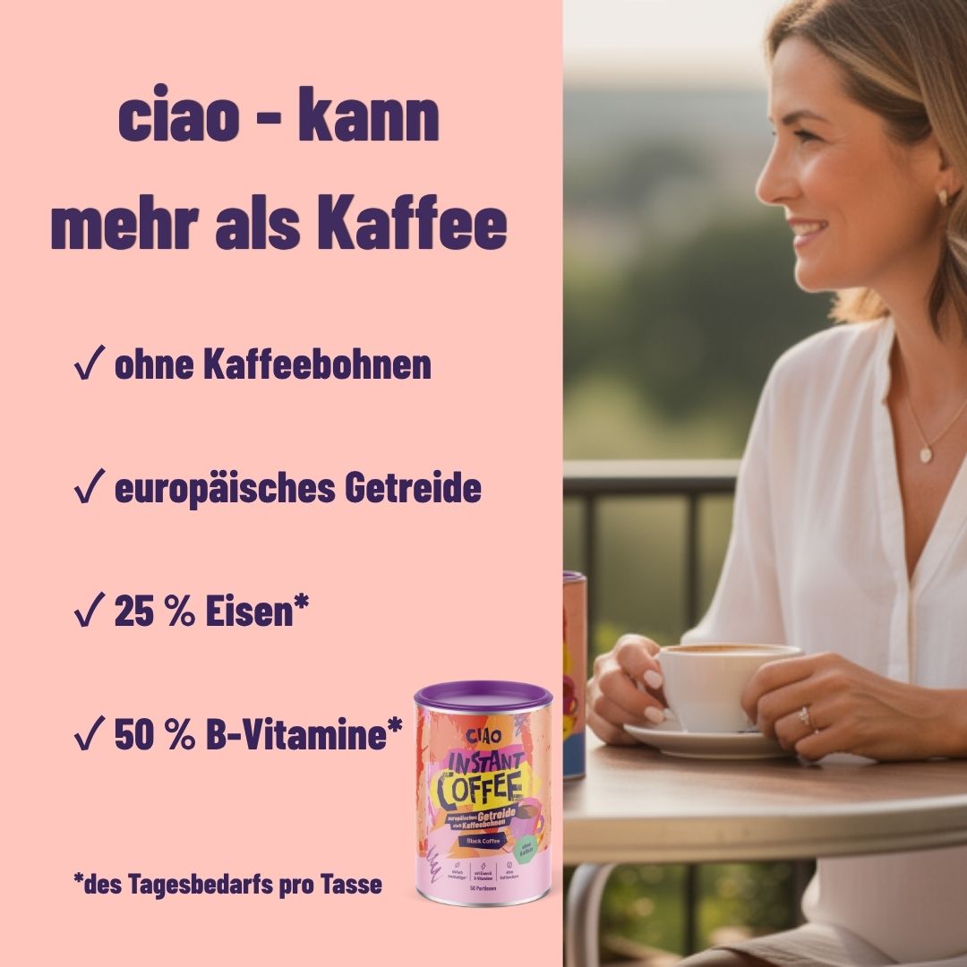 Instantkaffee aus europäischem Getreide (koffeinfrei) - magenschonender, mit Vitamin-B-Komplex + Eisen