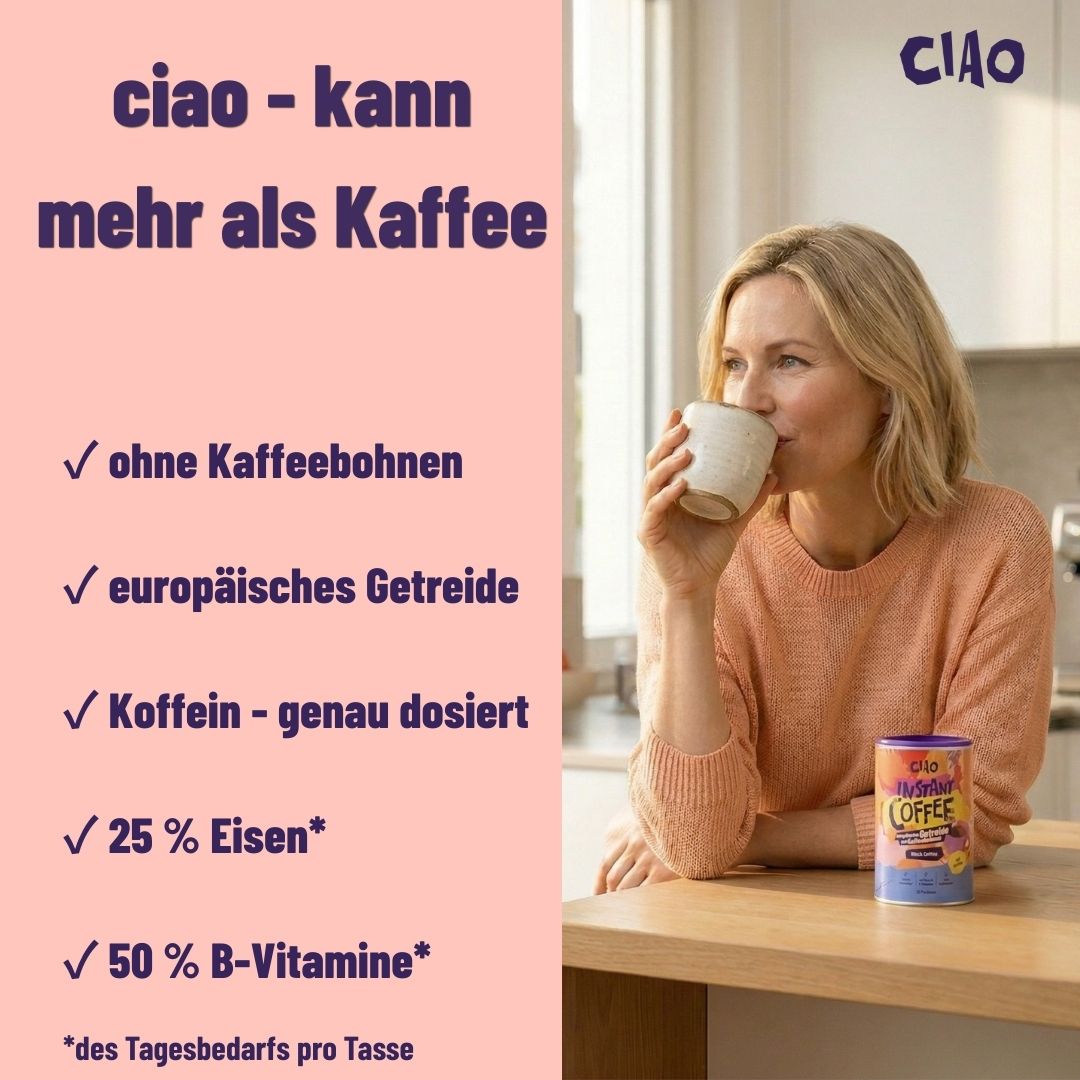 Instantkaffee aus europäischem Getreide mit Koffein - magenschonender, mit Vitamin-B-Komplex + Eisen