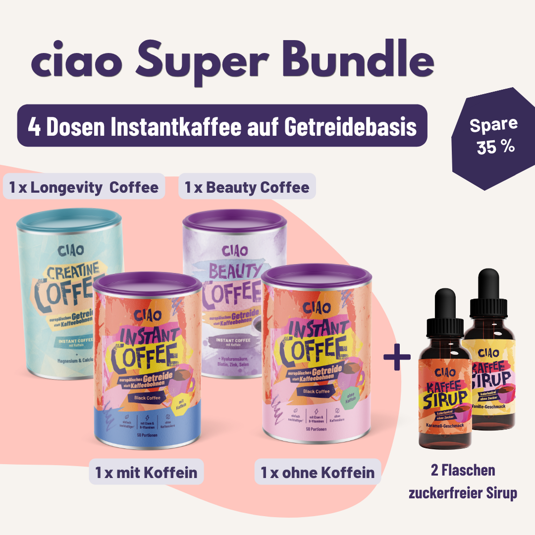 ciao Super Bundle - 4 x Instantkaffee auf Getreidebasis + 2 x zuckerfreier Sirup