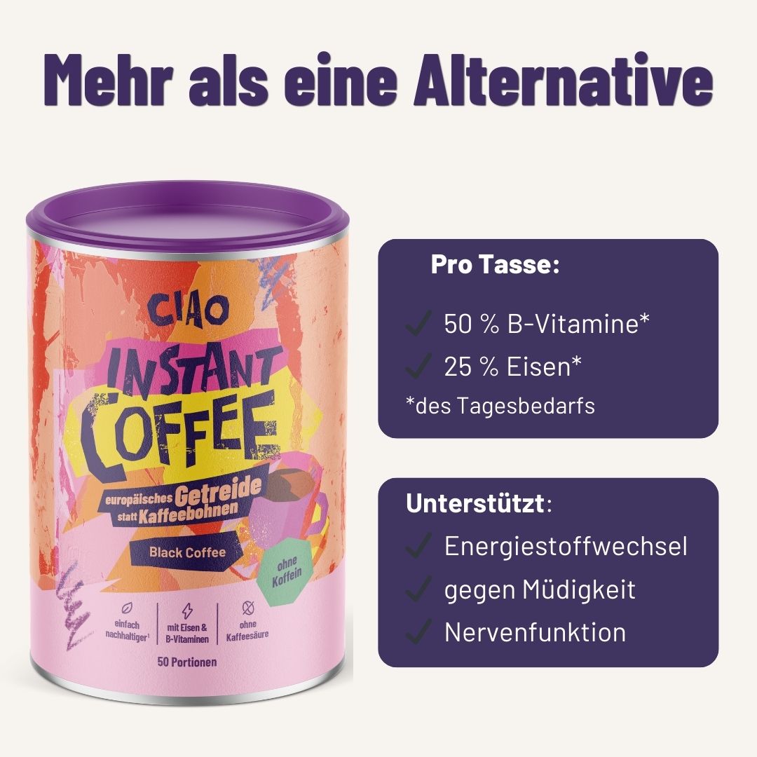 Instantkaffee aus europäischem Getreide (koffeinfrei) - magenschonender, mit Vitamin-B-Komplex + Eisen