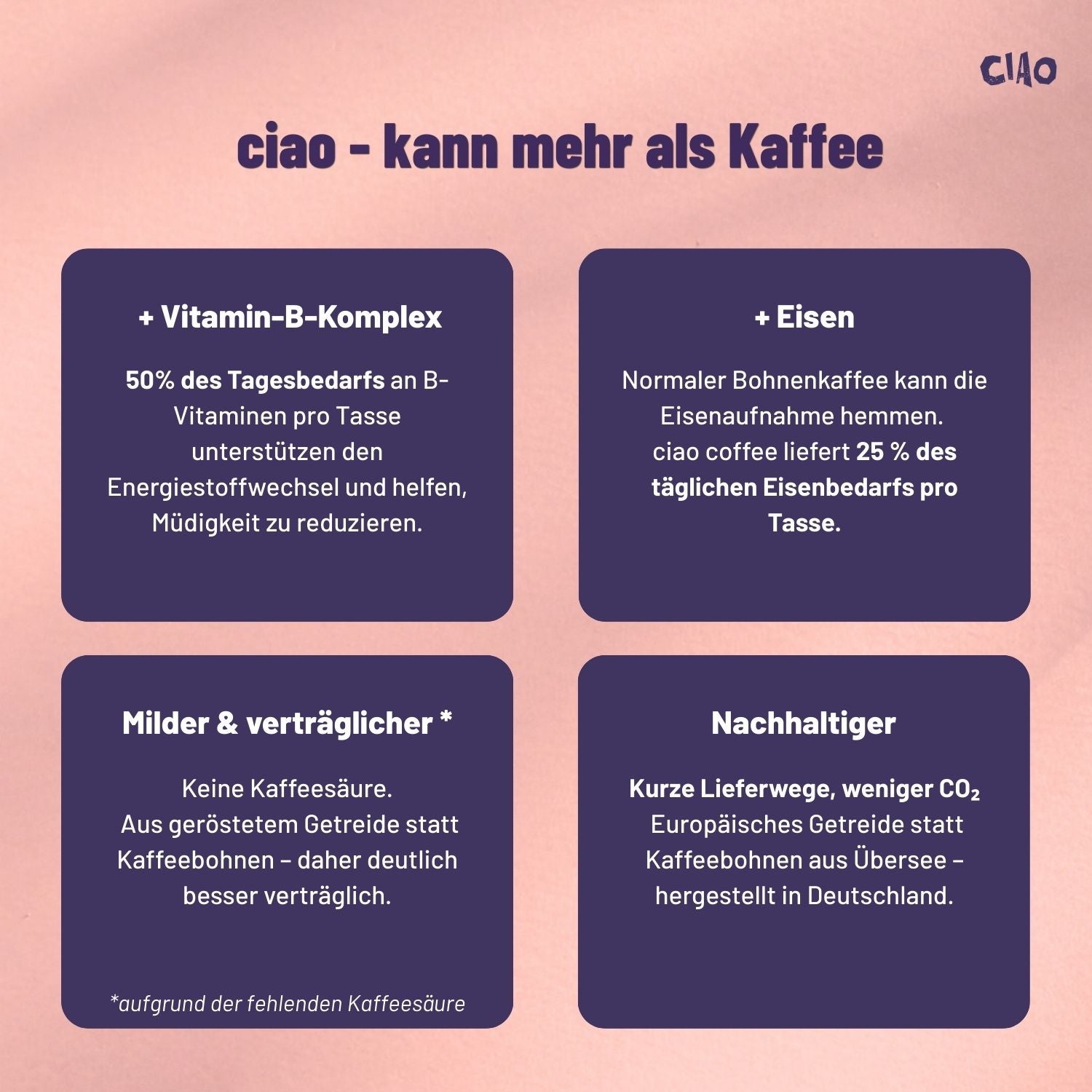Instantkaffee aus europäischem Getreide mit Koffein - magenschonender, mit Vitamin-B-Komplex + Eisen