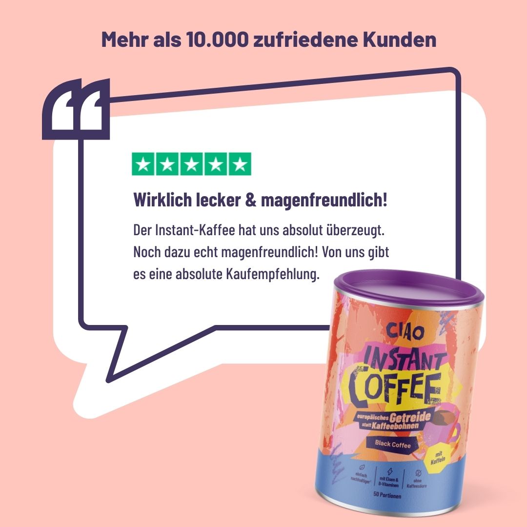 Instantkaffee aus europäischem Getreide mit Koffein - magenschonender, mit Vitamin-B-Komplex + Eisen