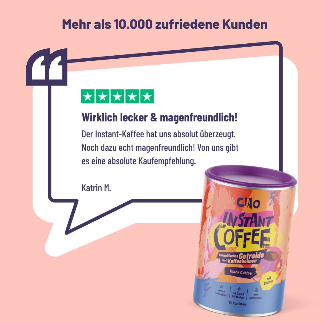 Instantkaffee aus europäischem Getreide mit Koffein - magenschonender, mit Vitamin-B-Komplex + Eisen