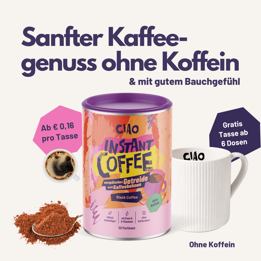 Instantkaffee Classic (koffeinfrei) – Aus europäischem Getreide, magenschonend, mit B - Vitamin - Komplex und Eisen - ciao coffee
